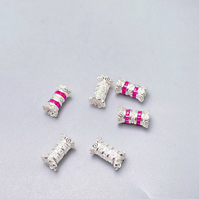 S925纯银镶彩小蛮腰珍珠扣镶钻螺丝扣DIY串珠项链扣手链银饰配件