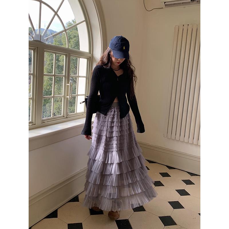 soloki韩系甜美重工纱裙层次感蛋糕松紧高腰仙气舒适中长半身裙