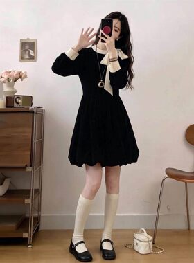 轻奢氛围感蝴蝶结丝绒连衣裙女士