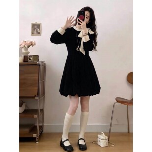 轻奢氛围感蝴蝶结丝绒连衣裙女士秋季大码胖mm花苞摆遮肉短款裙子