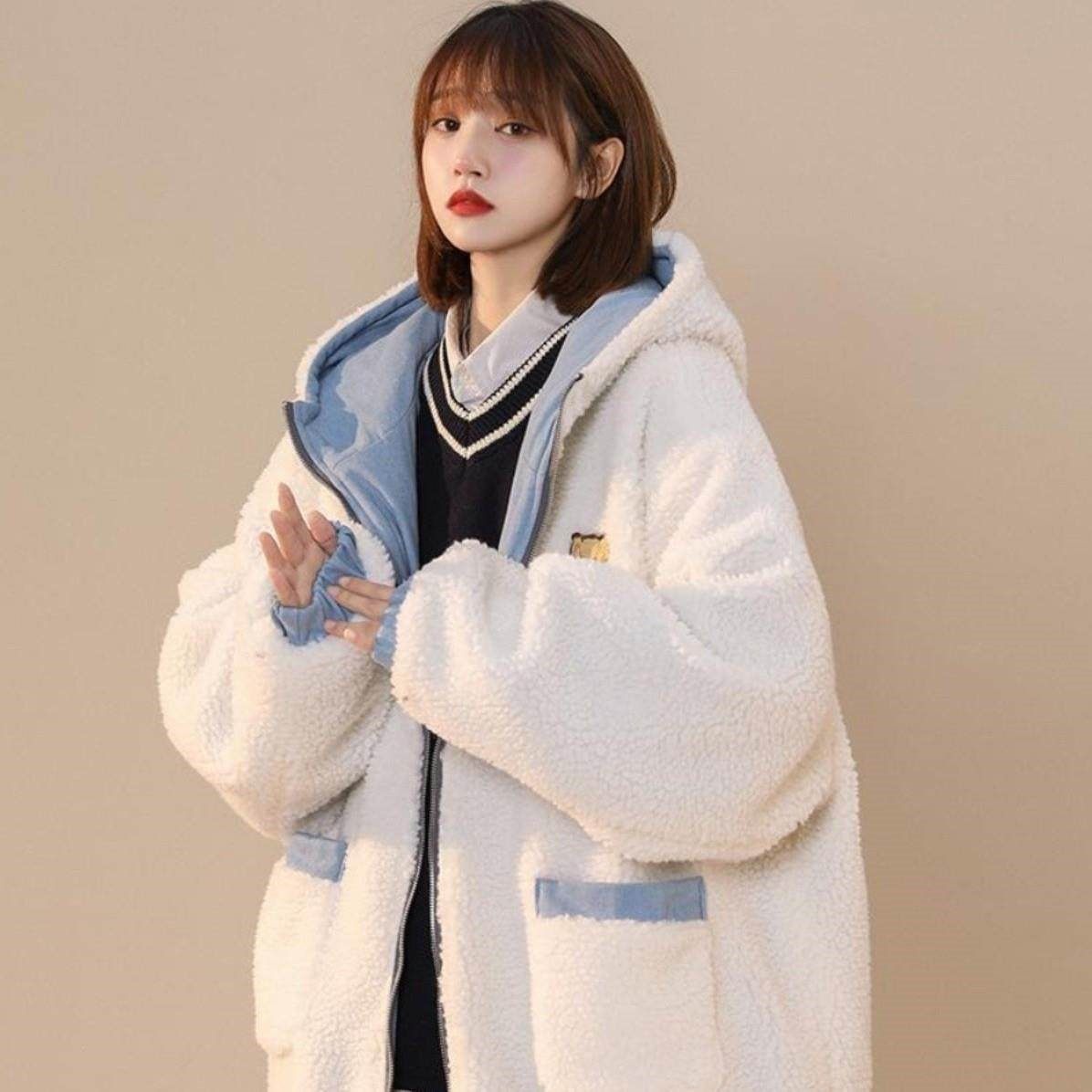 潮牌两面穿棉服女2025新款冬季加绒加厚棉衣设计感羊羔毛绒外套女,个性定制/设计服务/DIY,工作服定制,淘宝优惠券,粉丝福利购,淘宝优惠卷