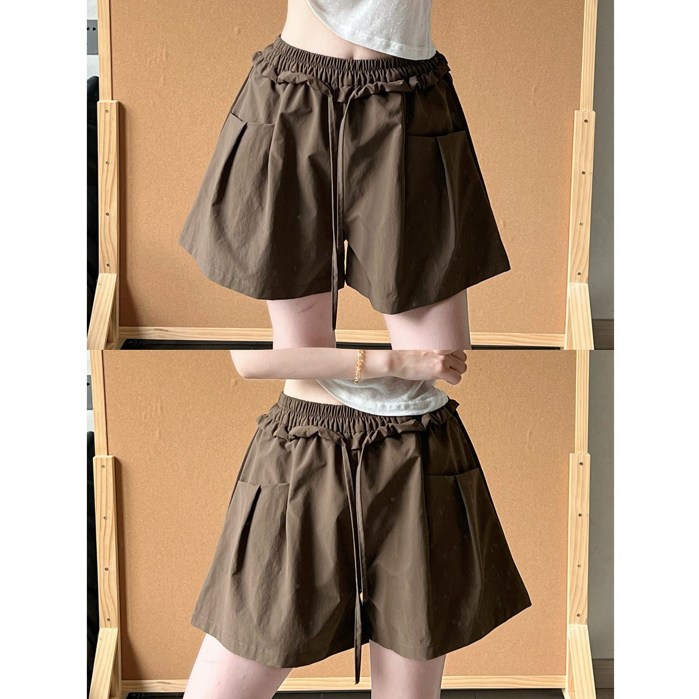 韩版咖色木耳边休闲短裤女夏季薄图片