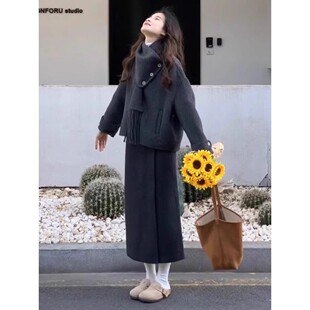 冬季穿搭一整套女高级感小香风独特短款毛呢外套半身裙子两件套装