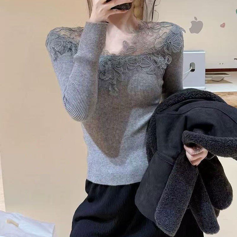 超好看灰色蕾丝拼接长袖针织衫女冬装小个子修身毛衣内搭打底上衣