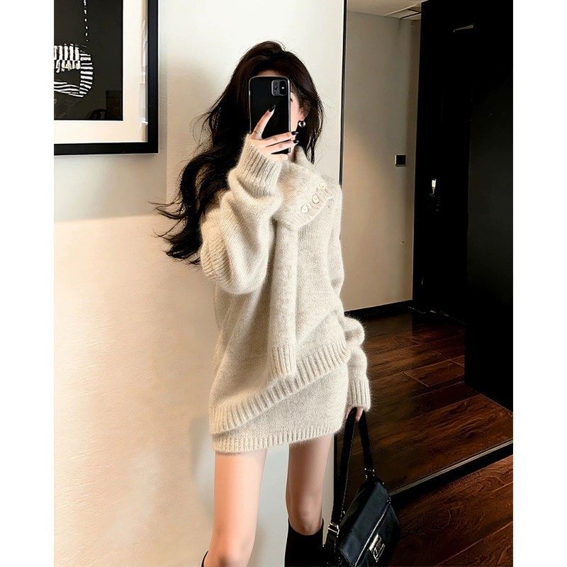 温柔慵懒风针织套装女2025冬季新款洋气围巾领毛衣包臀短裙两件套,女装/女士精品,连衣裙,淘宝优惠券,粉丝福利购,淘宝优惠卷