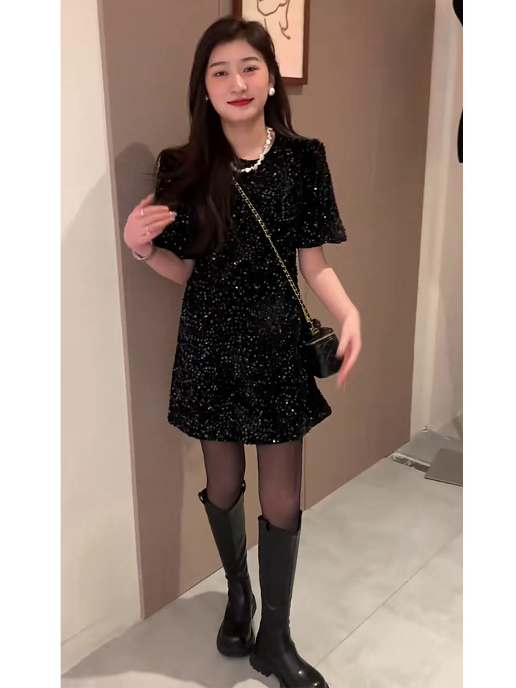 가벼운 럭셔리 작은 향기로운 스타일 스트레이트 스커트 스팽글 반짝이는 검은 드레스 여성 여름 착용 느슨한 작은 검은 치마