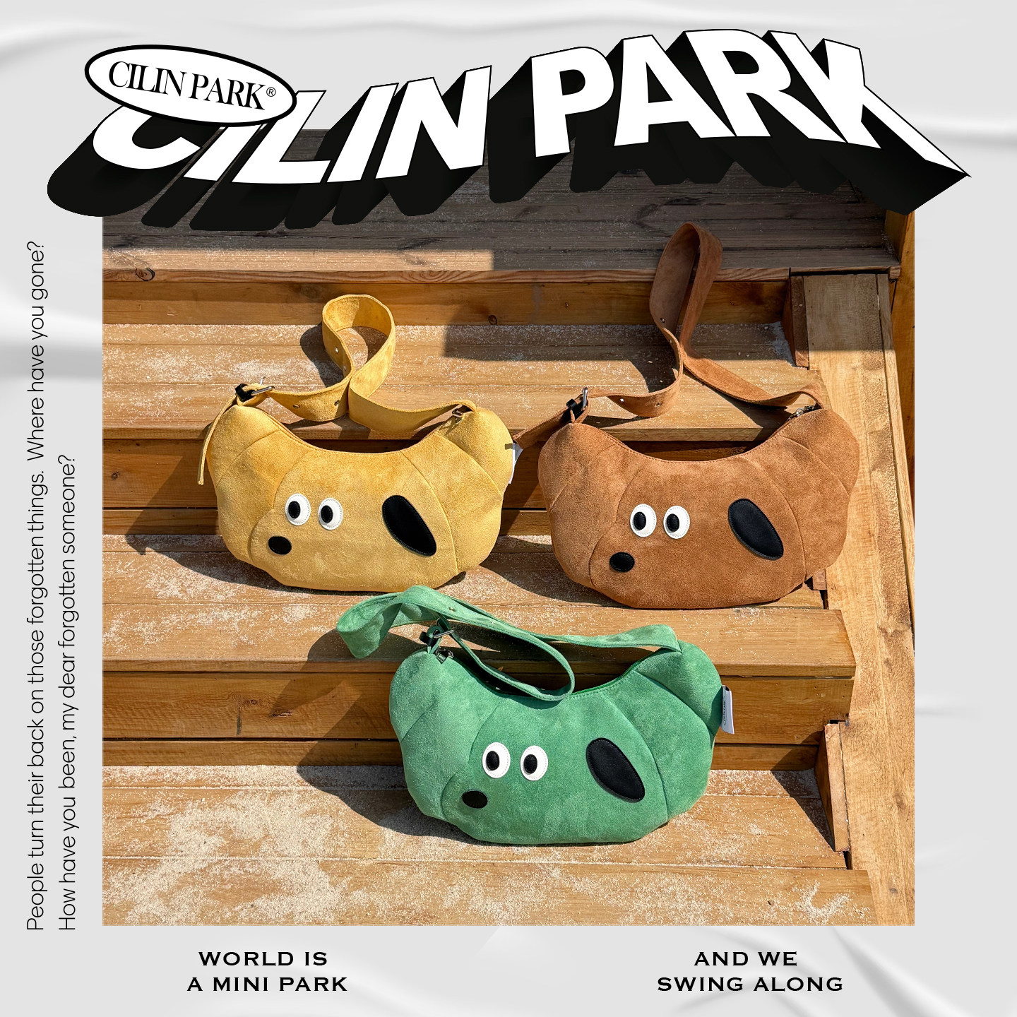 CILINPARK中号牛角包绒面腊肠狗刺绣拼接斜挎单肩包旅行学院风