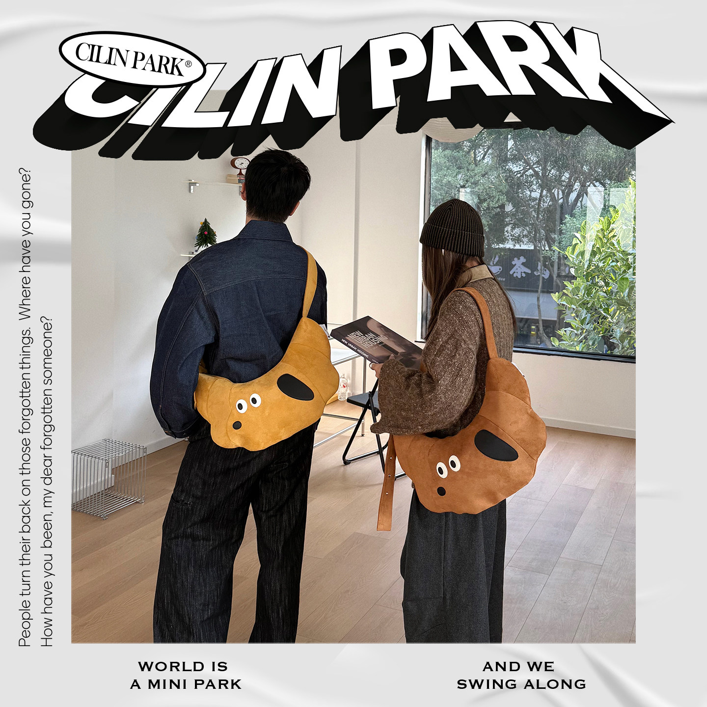 CILINPARK大号绒面腊肠狗牛角包刺绣拼接斜挎单肩包旅行学院风