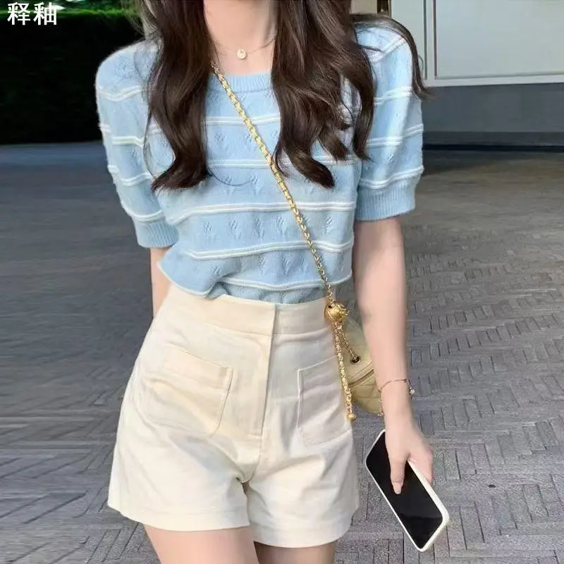 夏季韩版薄款正肩圆领温柔甜美修身上衣短袖t恤条纹冰丝针织衫女