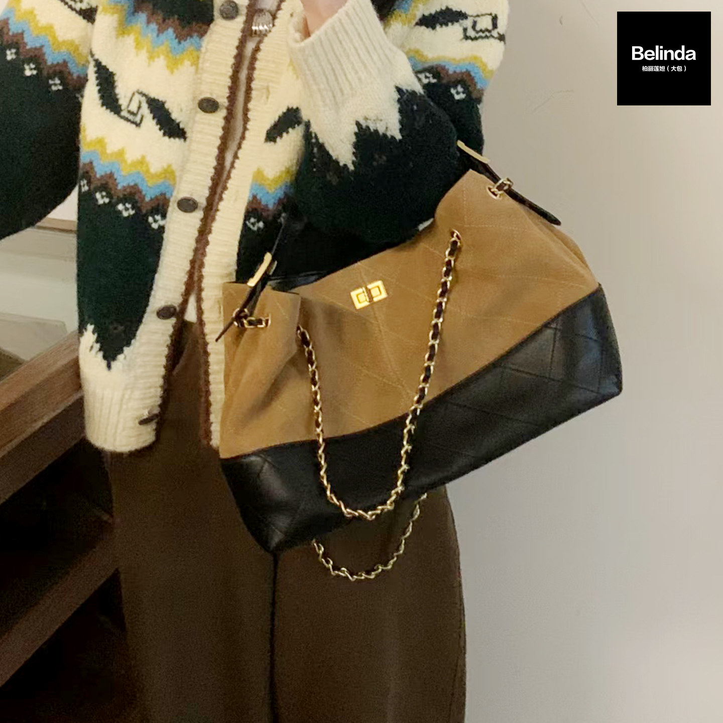 新款麂皮羊皮链条菱格大容量托特包手提单肩斜挎复古休闲通勤女包