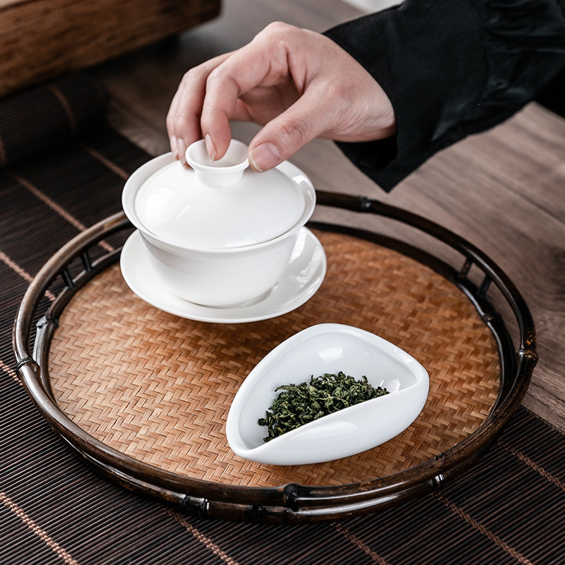 茶荷白瓷赏茶禅意陶瓷茶则茶道配件茶具茶碟复古风茶勺套装投茶器