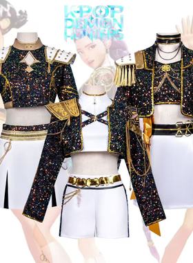 kpop猎魔女团cos服儿童Rumi鲁米Mila米拉Zoey佐伊黑金亮片打歌服