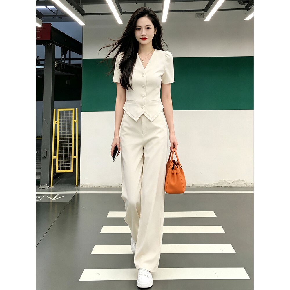 声雨竹休闲短袖V领西装套装女夏季小个子时尚修身短款上衣阔腿裤