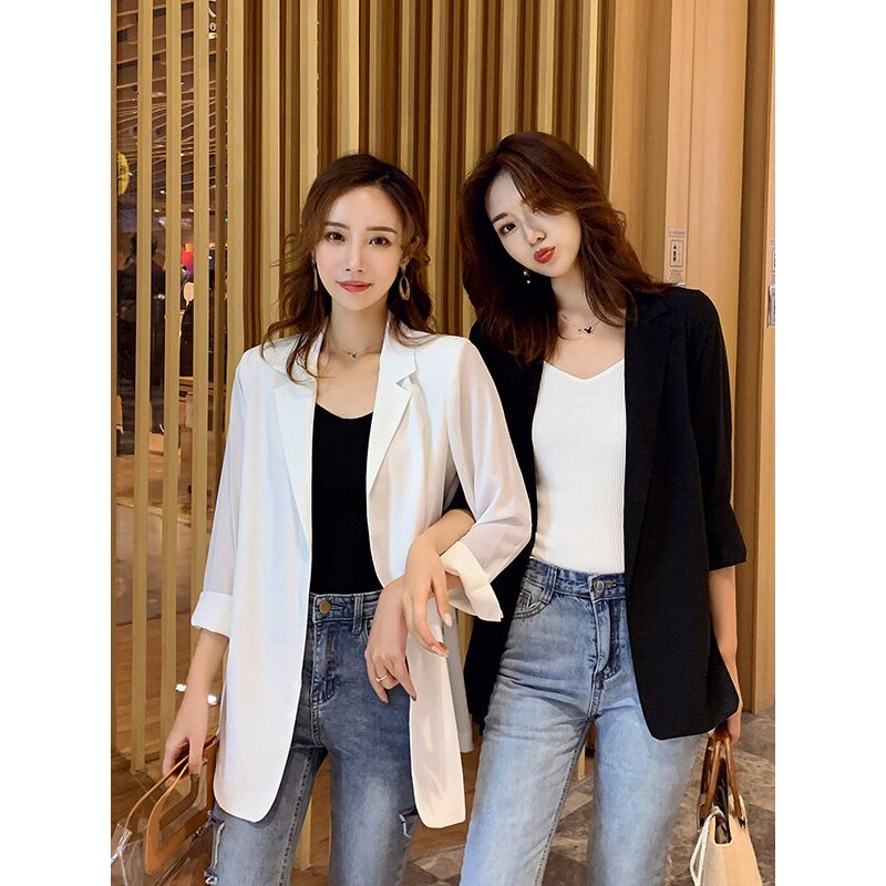 声雨竹雪纺小西装外套女薄款2026夏季新款休闲白色高级感西服上衣