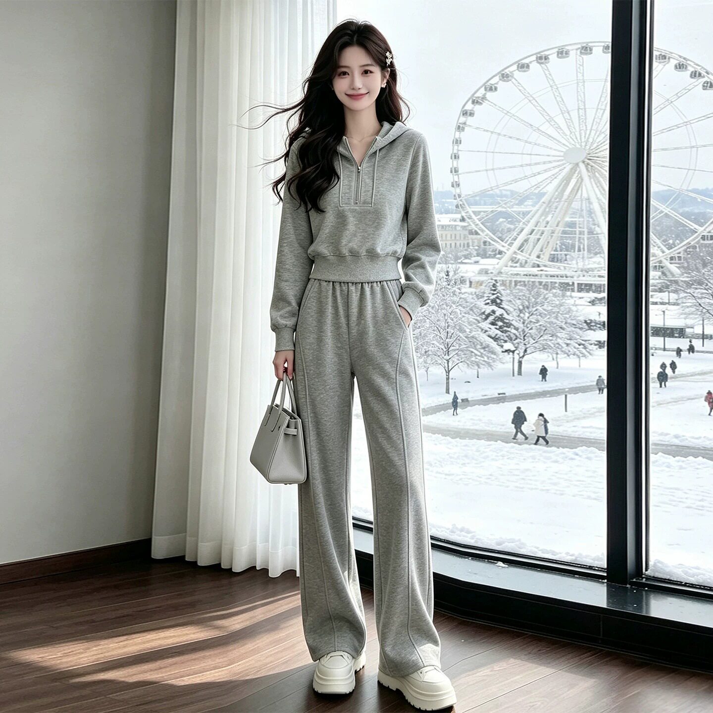 声雨竹休闲运动服连帽短款卫衣套装女2026秋季松弛感半拉链高级感