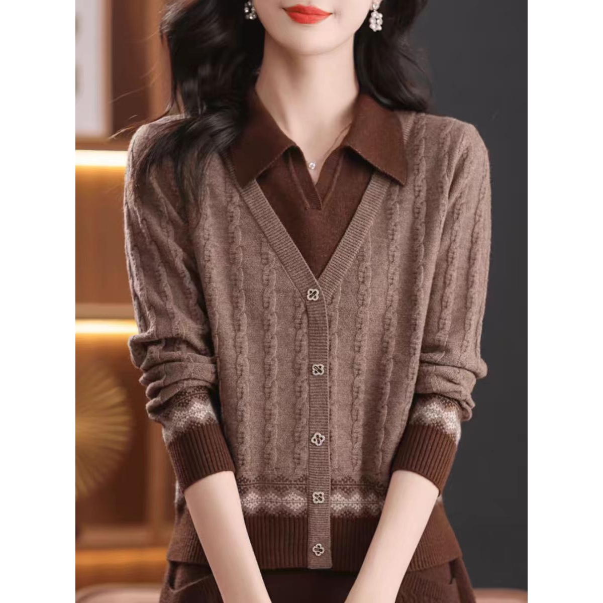 声雨竹2026新款秋冬羊毛衫假两件气质polo领上衣女羊绒衫打底针织