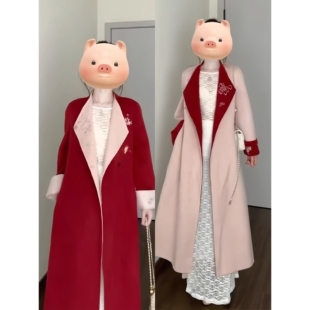 声雨竹新年红色双面穿毛呢外套女冬季大码胖mm新中式高级感长款呢