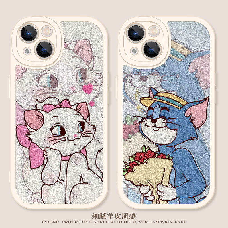 油画玛丽猫适用iPhone14promax手机壳苹果13情侣12可爱11创意xsmax女xr高级mini新款7/8plus小羊皮6s软壳套se