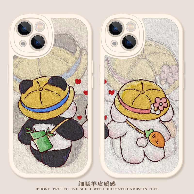 油画风熊猫适用iPhone14promax手机壳苹果13情侣12小兔子11可爱xsmax创意xr高级mini新款7/8plus小羊皮6s软壳