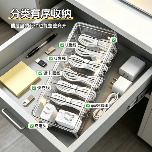 桌面分格充电线数据线收纳理线盒