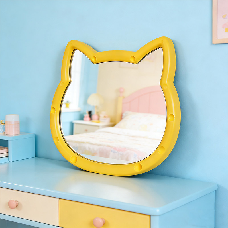 奶油可爱猫咪造型化妆镜卫生间洗漱台智能发光浴室镜儿童房装饰镜