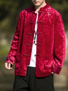 外套男士 盘扣汉服唐装 中国风红色龙纹提花金丝绒中山装 秋冬季 夹克