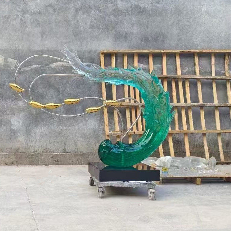 接来图定制现代轻奢透明树脂海浪摆件不锈钢游鱼艺术雕塑水景庭院