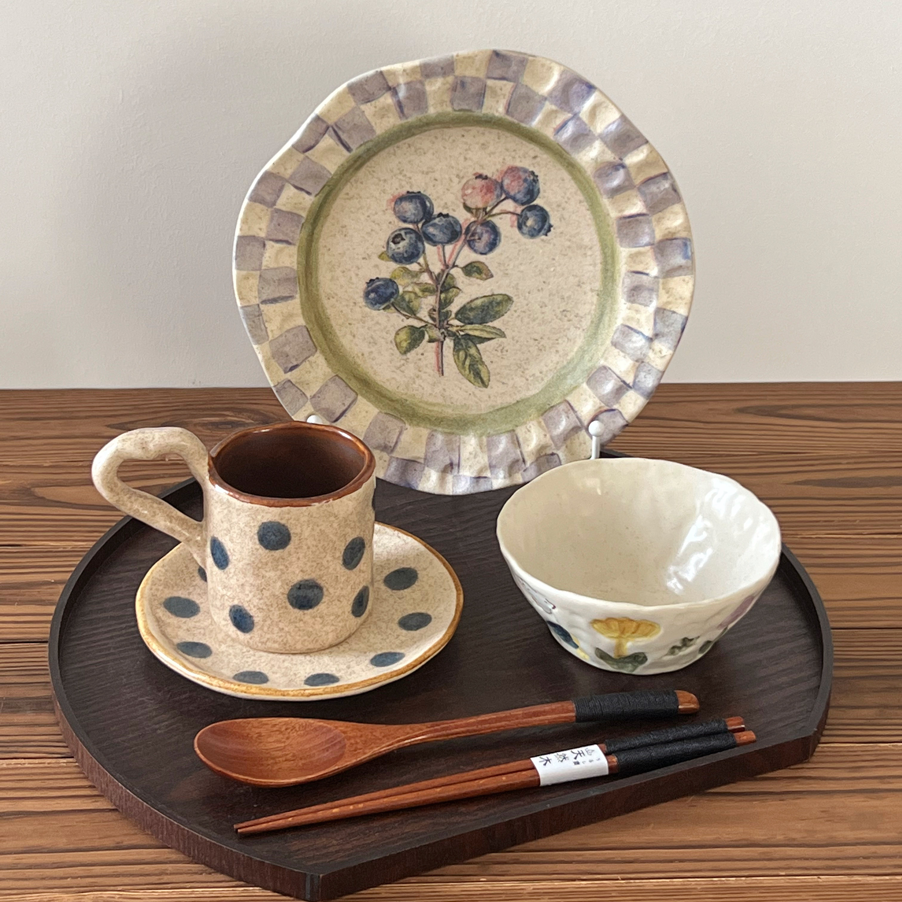 波点蓝莓复古粗陶一人食餐盘套装