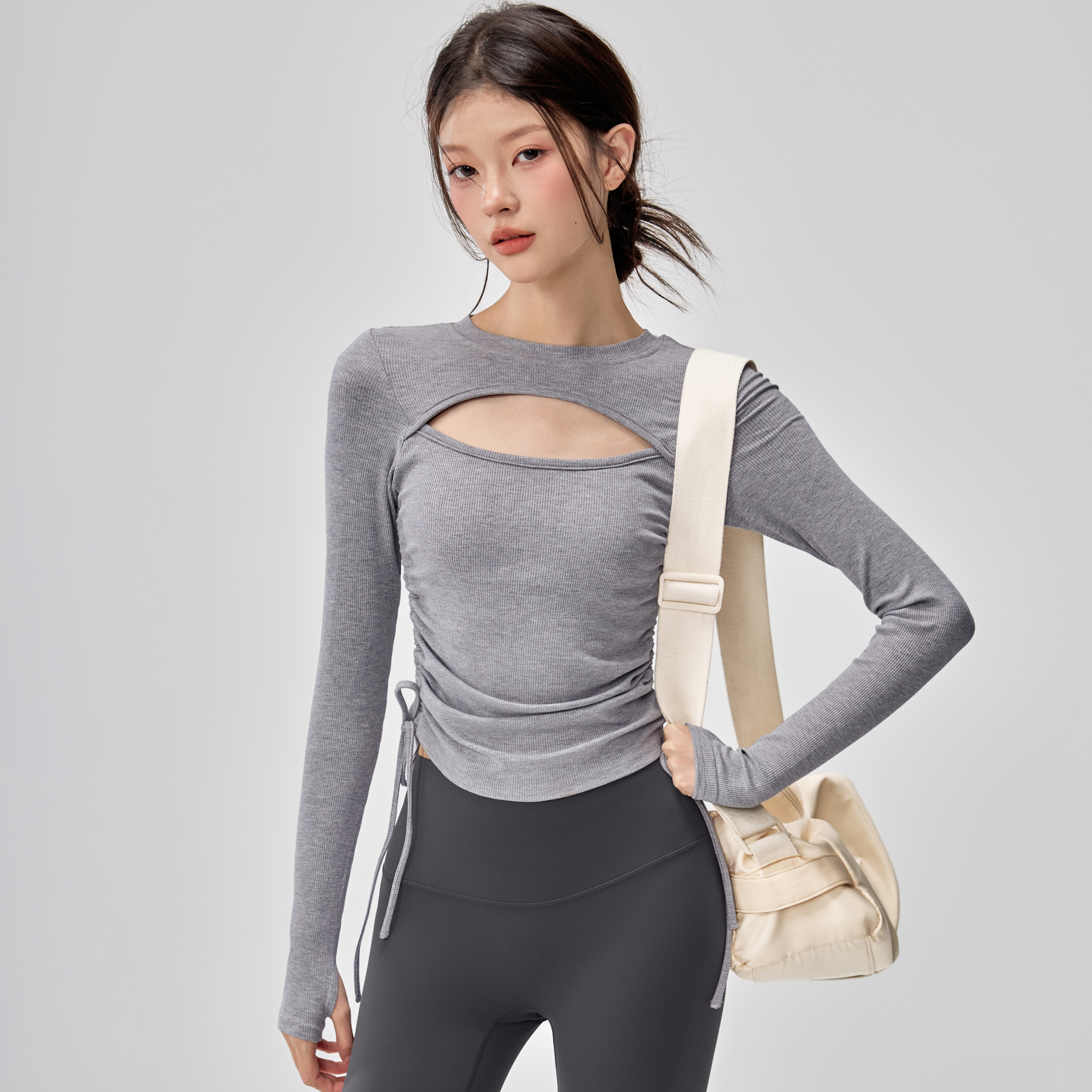 带胸垫瑜伽服女修身显瘦抽绳运动上衣2025新款跑步普拉提健身长袖