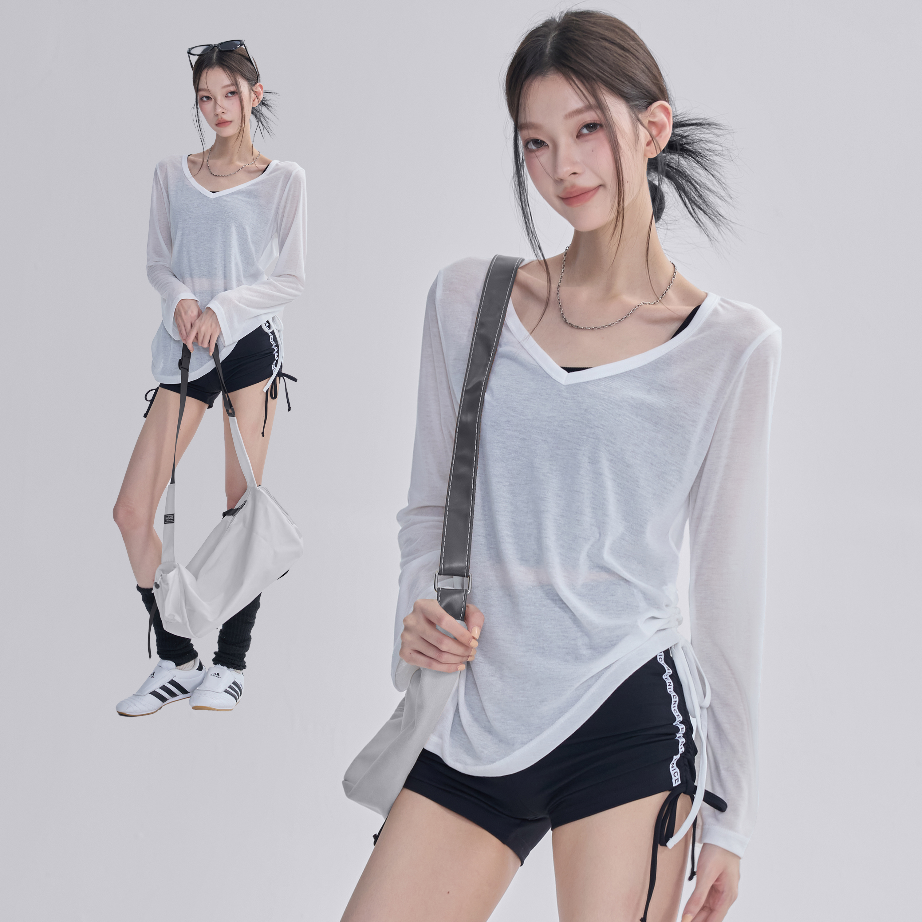 瑜伽服罩衫女宽松显瘦长袖运动上衣夏秋健身普拉提训练抽绳T恤薄