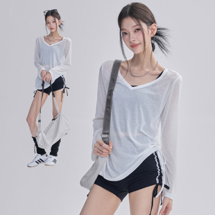 瑜伽服罩衫 运动上衣夏秋健身普拉提训练抽绳T恤薄 女宽松显瘦长袖