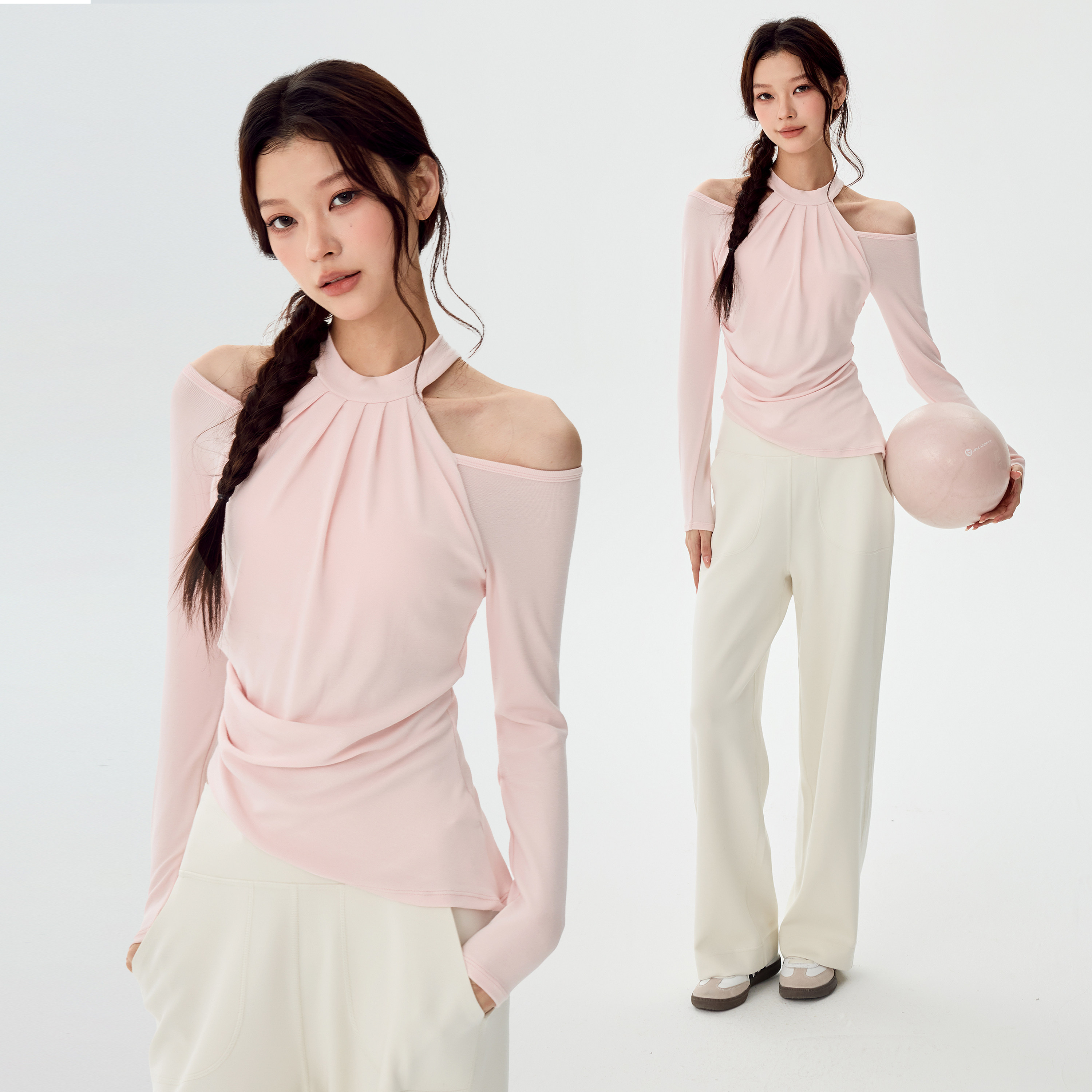 带胸垫健身服女高级感露肩瑜伽长袖收腰显瘦普拉提训练运动上衣新