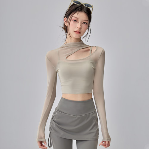 瑜伽服上衣女带胸垫镂空网纱健身长袖2026新款普拉提训练运动套装