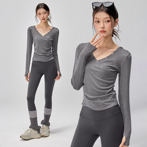 连帽瑜伽服女抽褶交叉健身长袖2025新款v领普拉提训练运动上衣秋