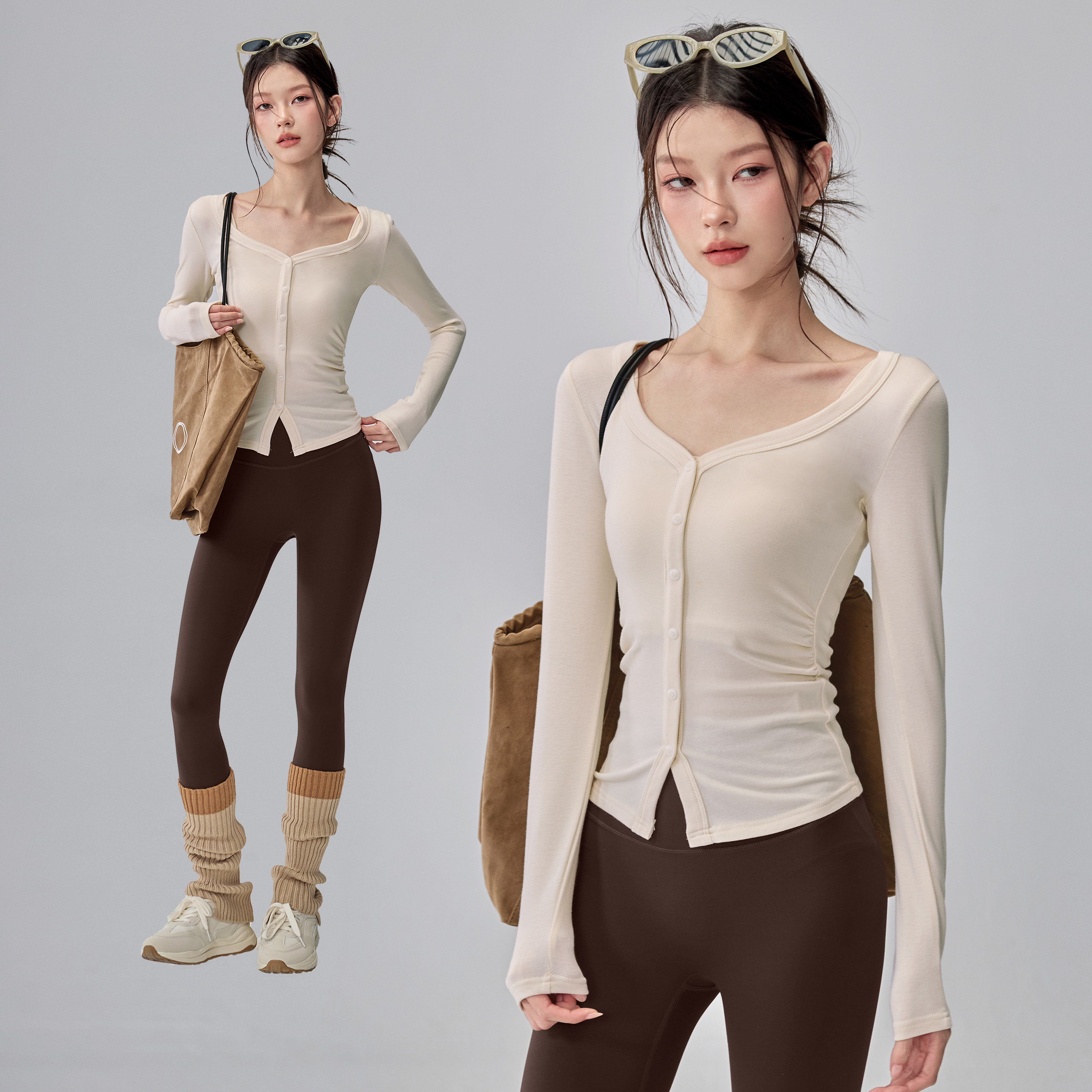 瑜伽服女收腰显瘦普拉提训练绝美健身上衣秋冬新款领排扣运动长袖,运动/瑜伽/健身/球迷用品,瑜伽t恤,淘宝优惠券,粉丝福利购,淘宝优惠卷