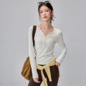 普拉提训练健身上衣跑步T恤新 亨利衫 V领瑜伽服女秋冬修身 运动长袖