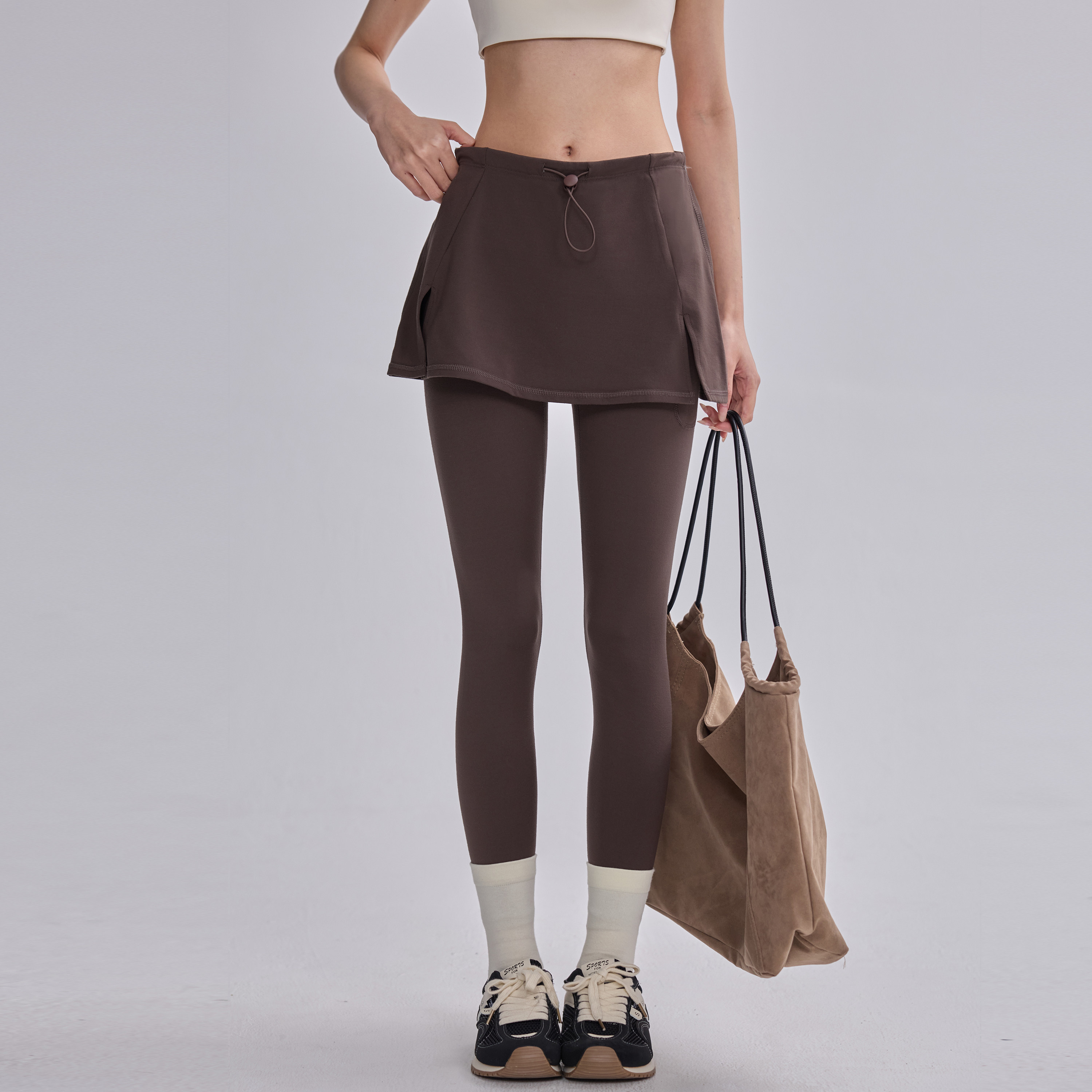 假两件瑜伽裙裤女秋冬薄绒跑步运动紧身长裤遮臀健身普拉提训练裤