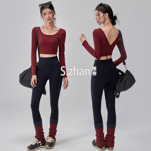 带胸垫美背瑜伽服女安可拉红显瘦健身上衣普拉提训练运动方领长袖