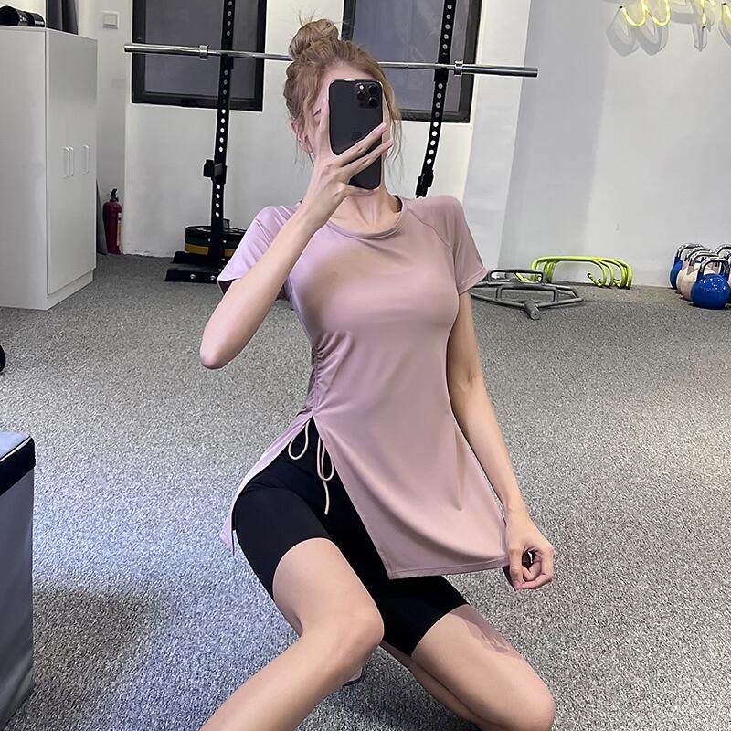 宋站长款开叉运动罩衫遮臀透气抽绳跑步健身短袖宽松瑜伽服上衣夏