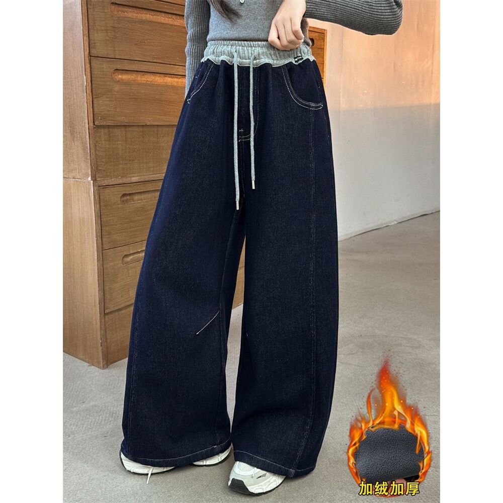 女童牛仔裤秋冬2025新款韩版宽松显瘦加绒休闲窄版直筒阔腿裤大童