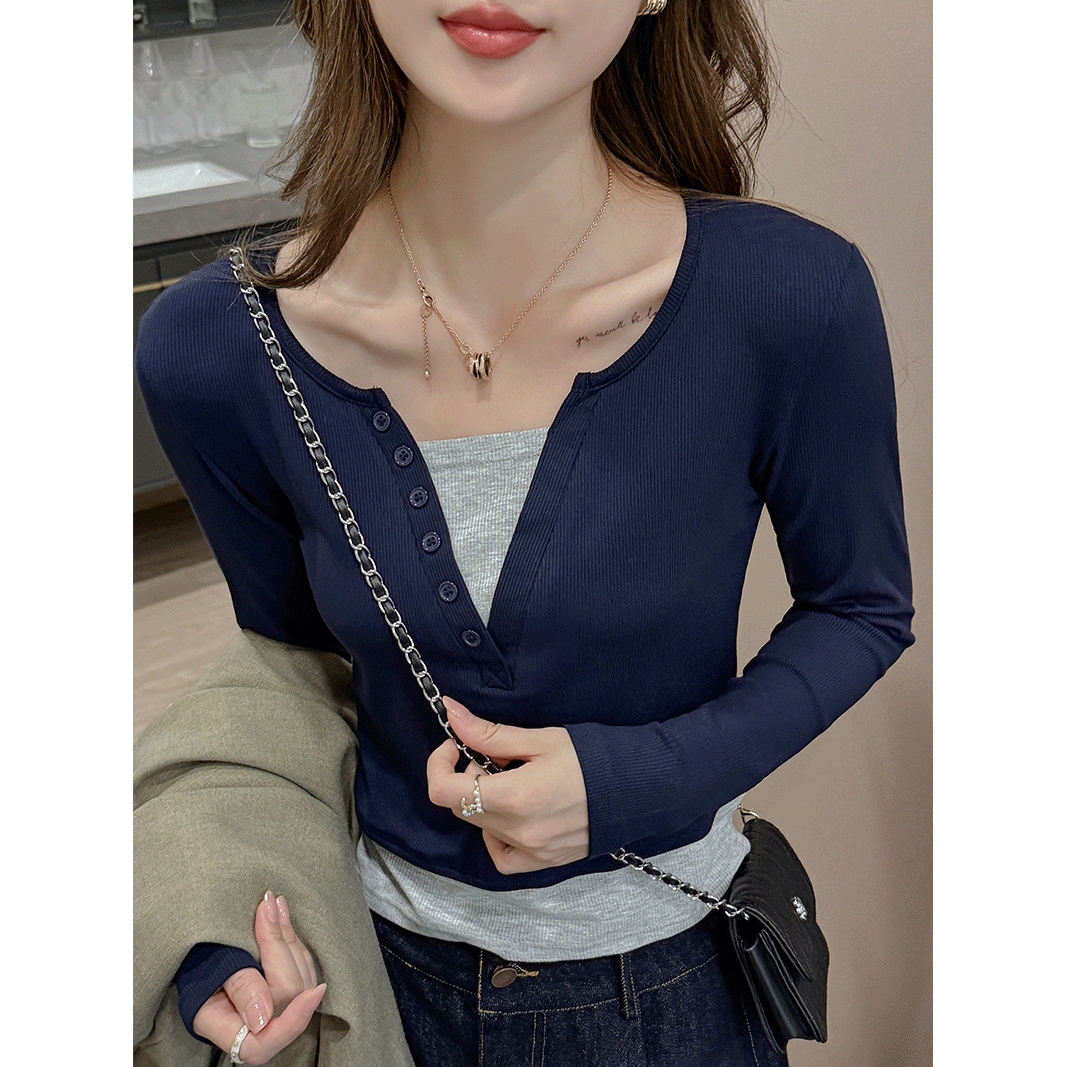 严选设计感小众假两件长袖打底衫女秋冬修身显瘦内搭上衣可外穿