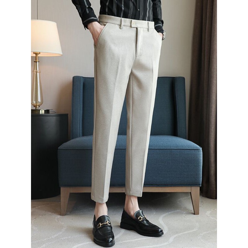 秋冬加厚保暖毛呢小西裤男小直筒修身九分裤呢料西装裤休闲长裤子