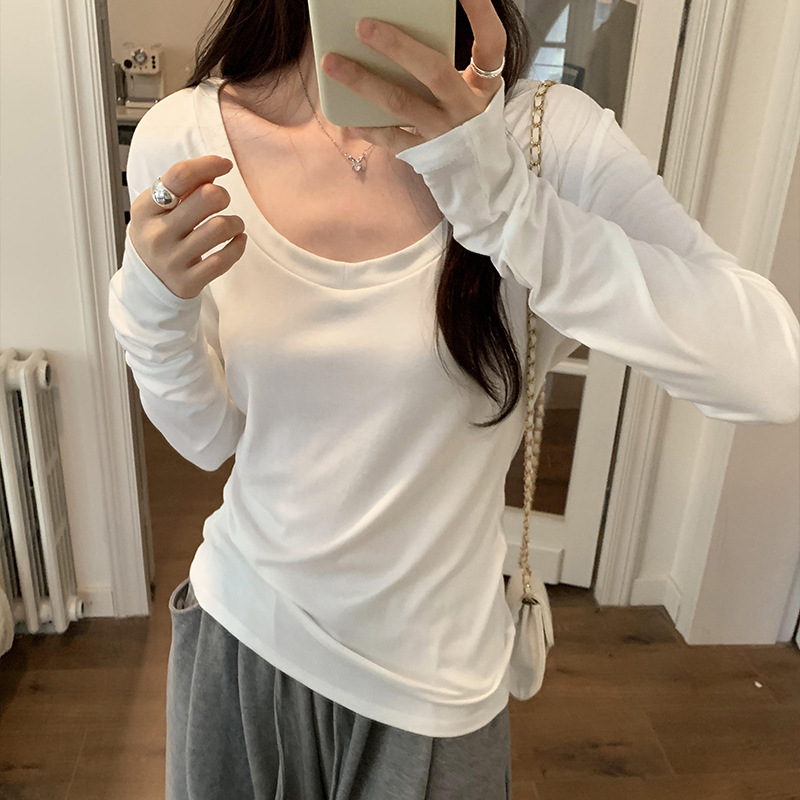 实拍图U领长袖T恤女春秋新款宽松设计感纯欲内搭打底衫