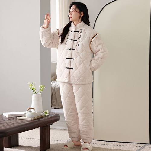 新中式国风绒夹棉三层加厚加绒睡衣女冬季家居服保暖开衫立领大码