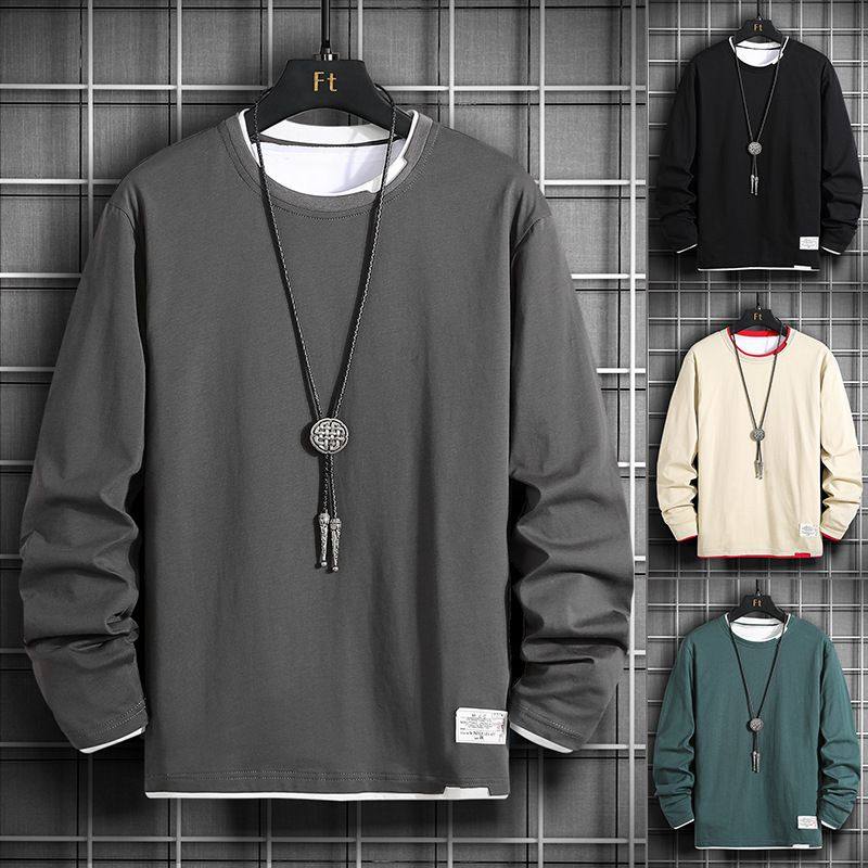 卫衣男纯棉春秋季新款假两件长袖t恤衫韩版时尚打底上衣