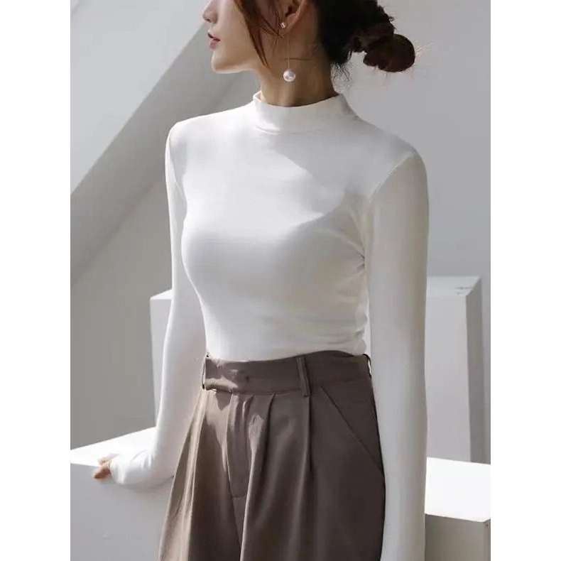 双面磨毛德绒秋冬打底衫女半高领学生长袖内搭保暖堆堆领发热上衣