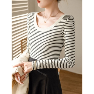 甄选纯棉条纹T恤女长袖2025秋冬新款圆领正肩上衣修身显瘦打底衫