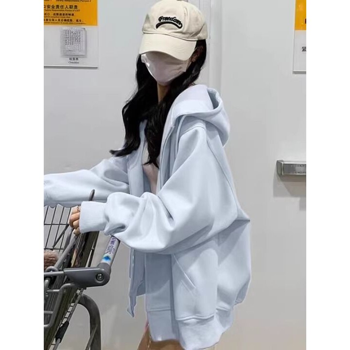 蓝色卫衣外套女秋款2025新秋季拉链开衫初中学生加绒厚上衣