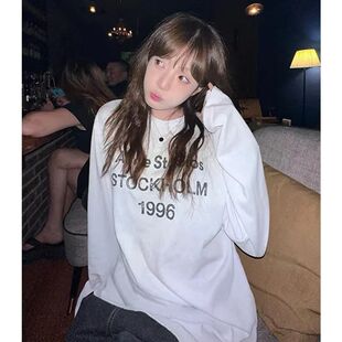 慵懒风美式印花薄款白色长袖T恤女春秋季新款宽松休闲圆领上衣潮