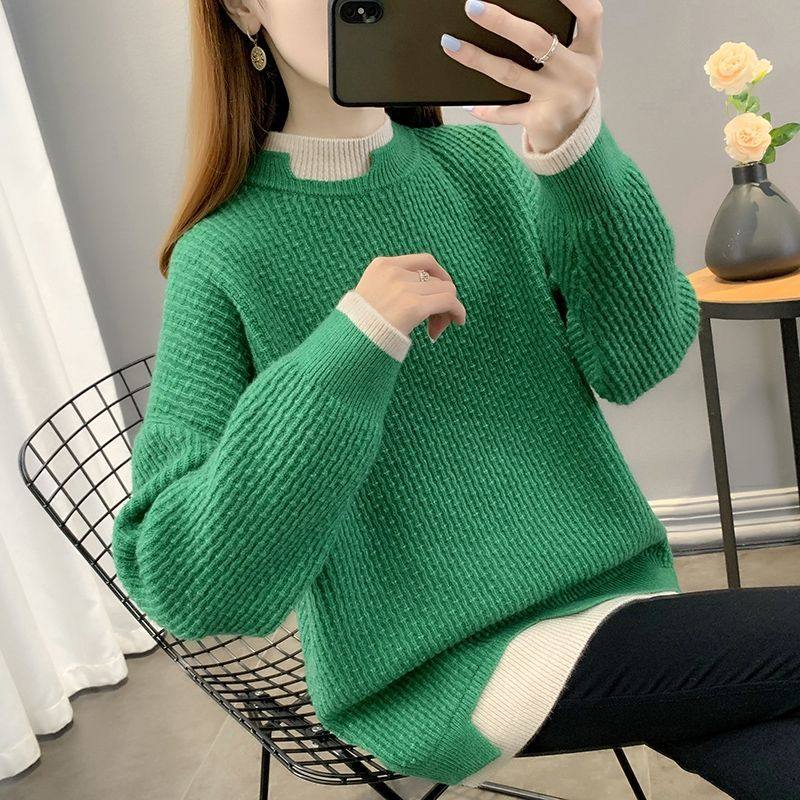 秋冬装新款半高领假两件毛衣女宽松外穿加厚中长款针织打底衫